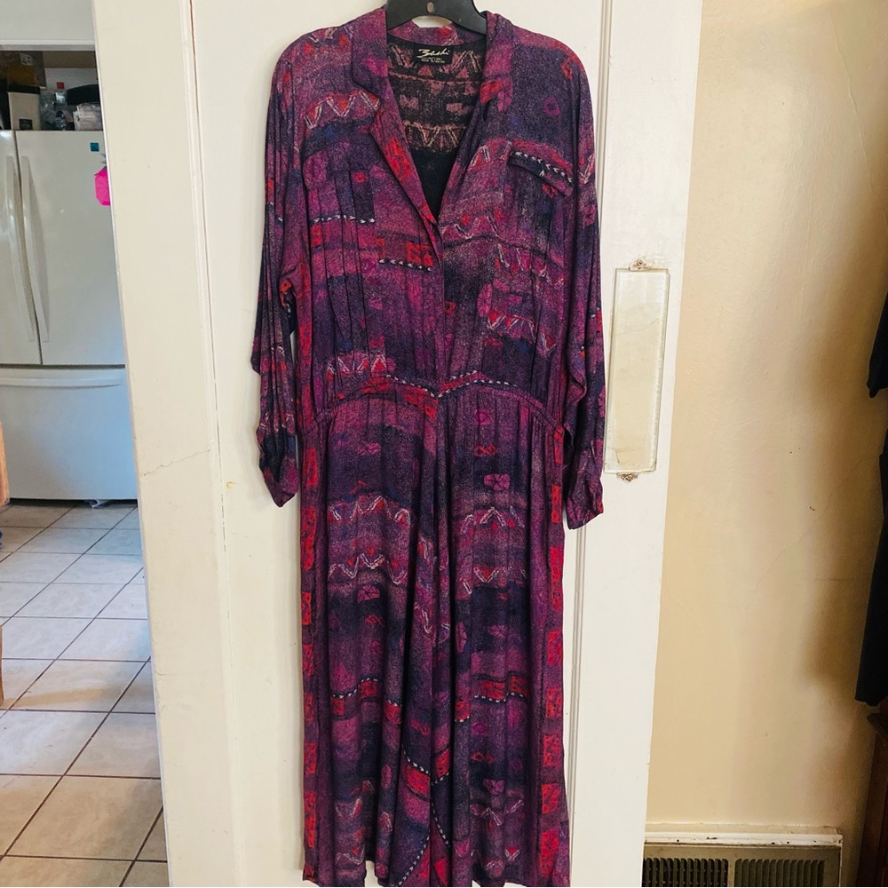 Vintage Zachi Long Sleeve Collar Button Abstract Purple Dress Circle Skirt SZ L.